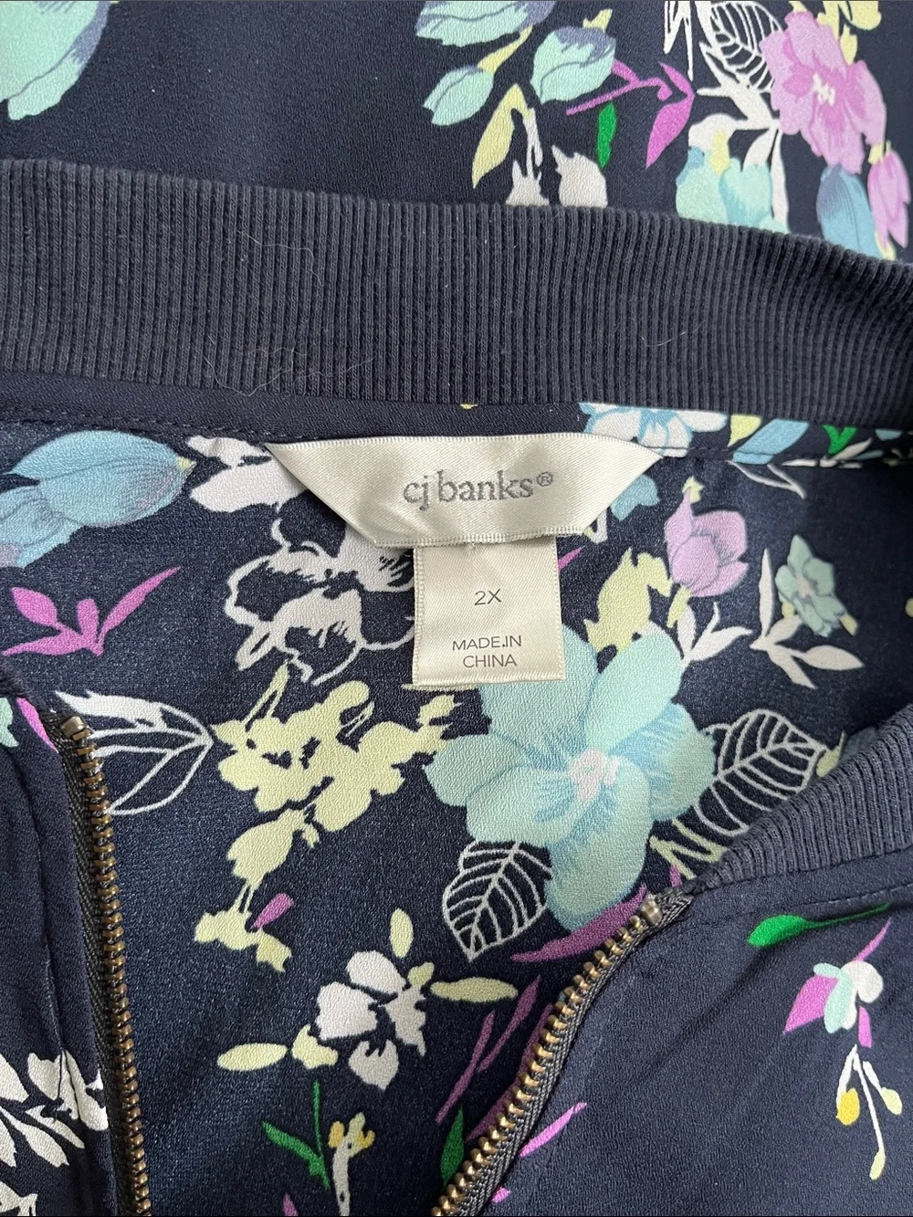 CJ Banks 2X Jacket Zip Front Navy Multicolor Floral
